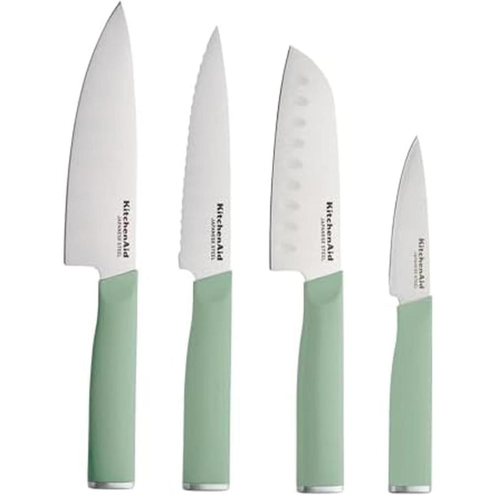 imageKitchenAid Chef Set with CustomFit Covers Sharp Kitchen Knife HighCarbon Japanese Stainless Steel Blade 4 Piece MulticolorPistachio