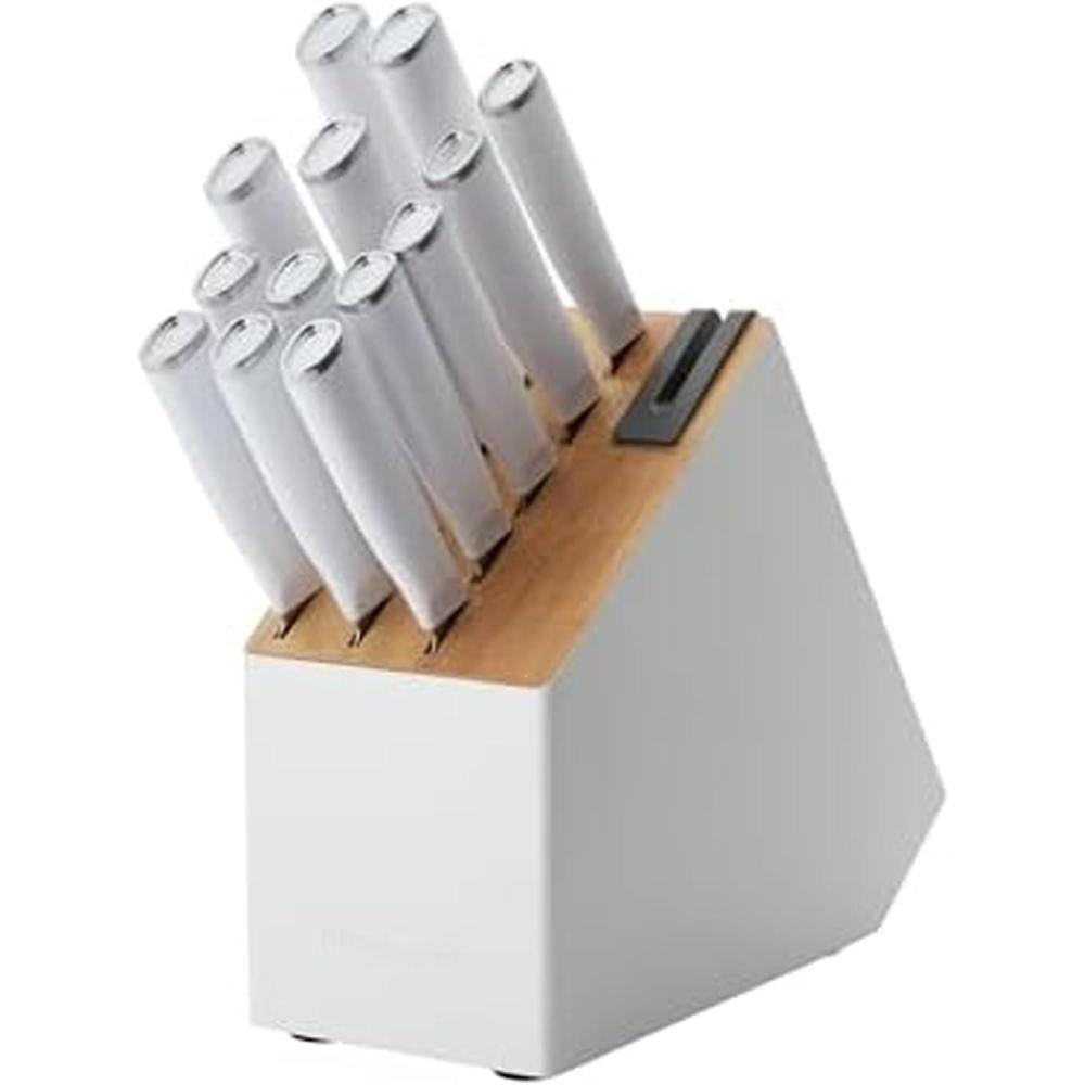 imageKitchenAid Classic Slim Knife Block Set with BuiltIn Knife Sharpener High Carbon Stainless Steel Kitchen Knives Sharp Kitchen Knife Set with Block 14Piece WhiteWhite