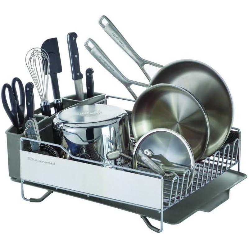 imageKitchenAid Compact Space Saving Dish Rack with Removable Flatware Caddy and Angled Self Draining Drainboard Satin Gray 15Inchby1325InchLight Grey