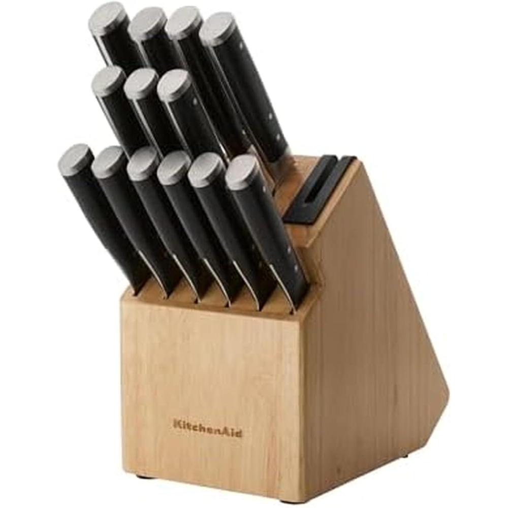 imageKitchenAid Forged Triple Riveted Knife Block Set with BuiltIn Knife Sharpener High Carbon Stainless Steel Kitchen Knives Sharp Kitchen Knife Set with Block Black 14 Piece
