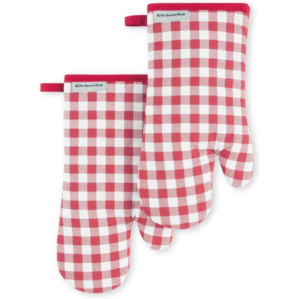 imageKitchenAid Gingham Oven Mitt 2Pack Set Aqua Sky 7quotx13quotPassion Red