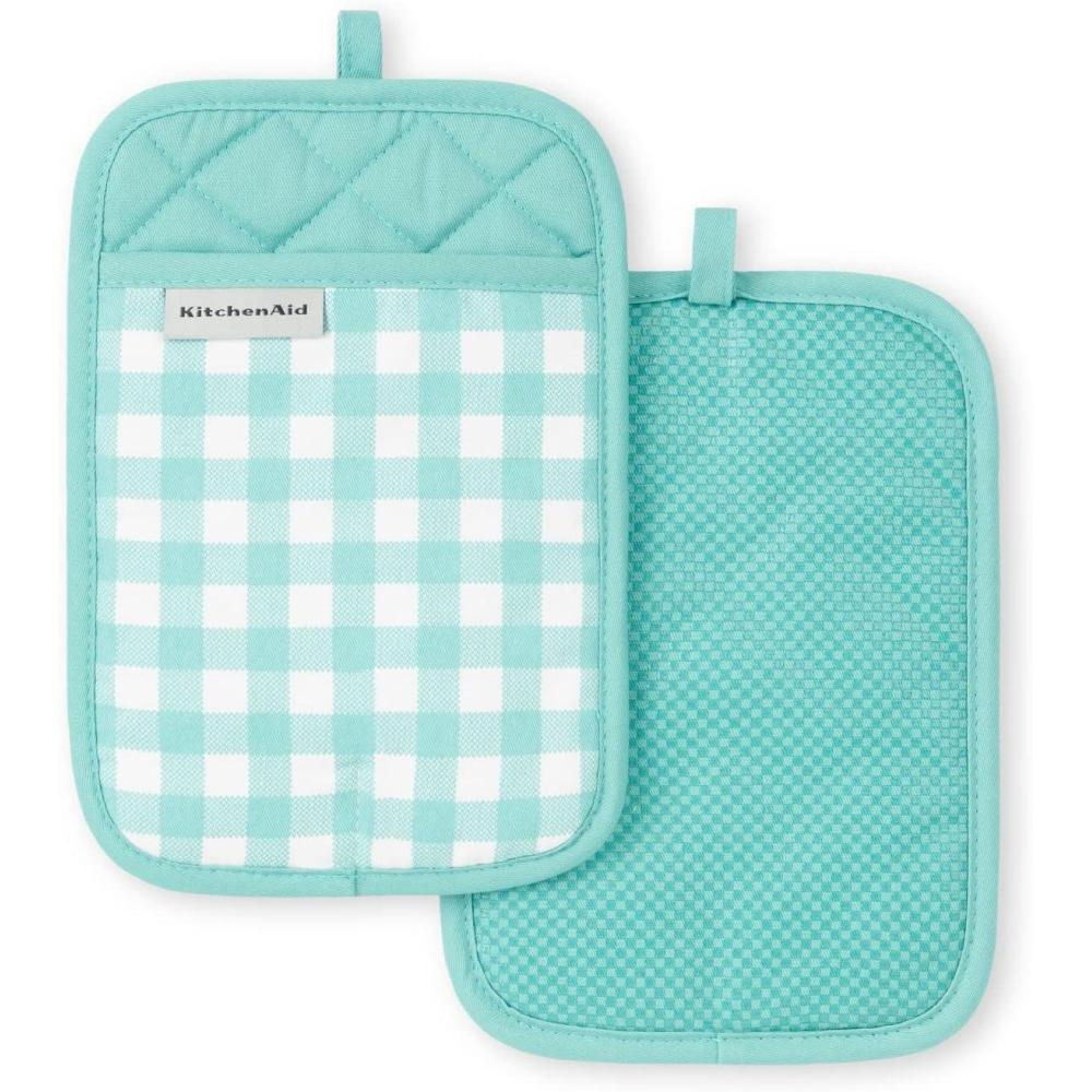 imageKitchenAid Gingham Pot Holder 2Pack Set Aqua Sky 7quotx10quotAqua Sky