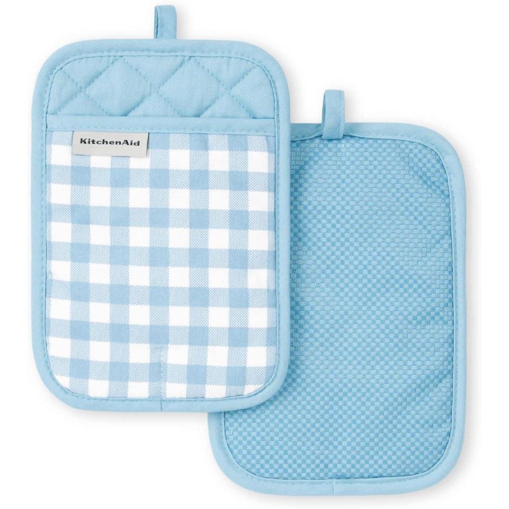 imageKitchenAid Gingham Pot Holder 2Pack Set Aqua Sky 7quotx10quotBlue Velvet