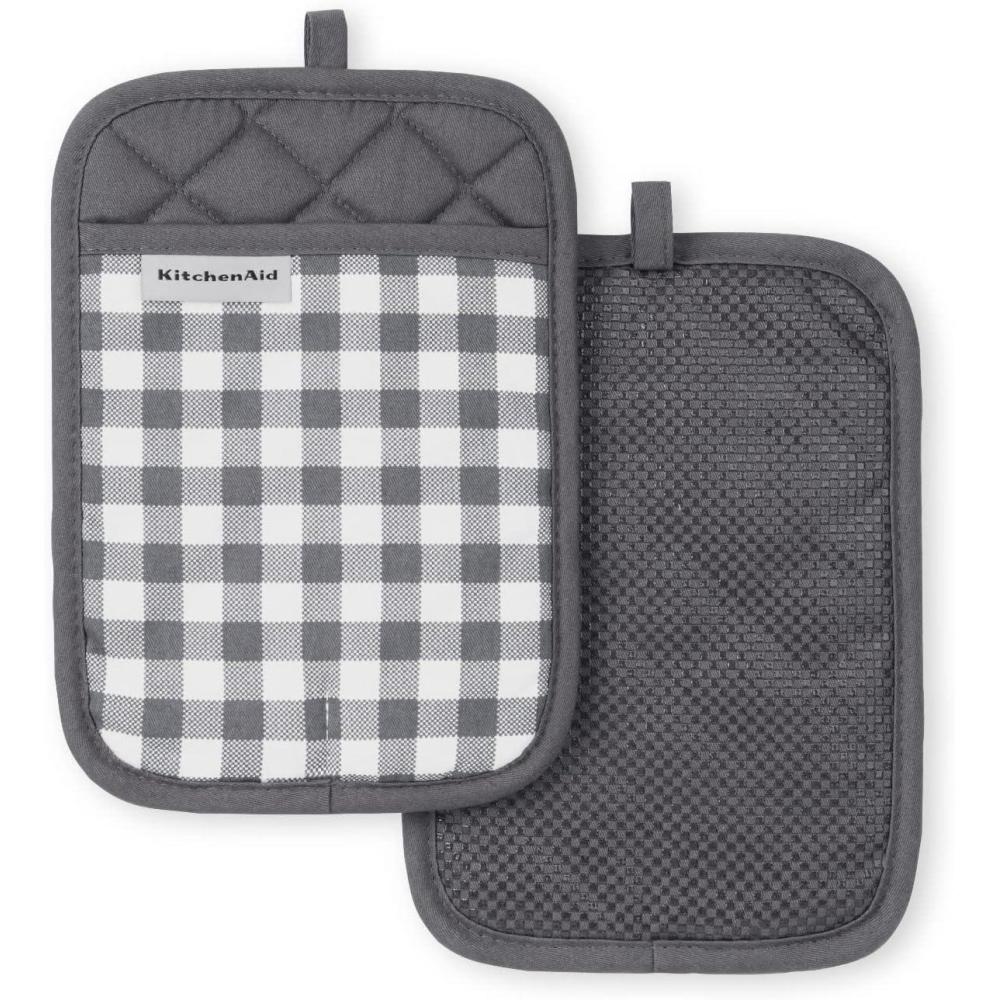 imageKitchenAid Gingham Pot Holder 2Pack Set Aqua Sky 7quotx10quotCharcoal Grey