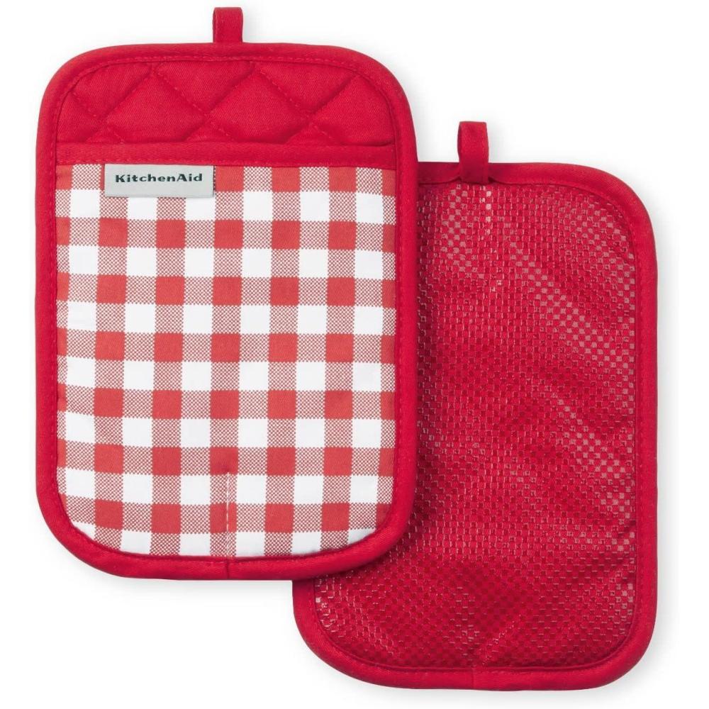 imageKitchenAid Gingham Pot Holder 2Pack Set Aqua Sky 7quotx10quotPassion Red