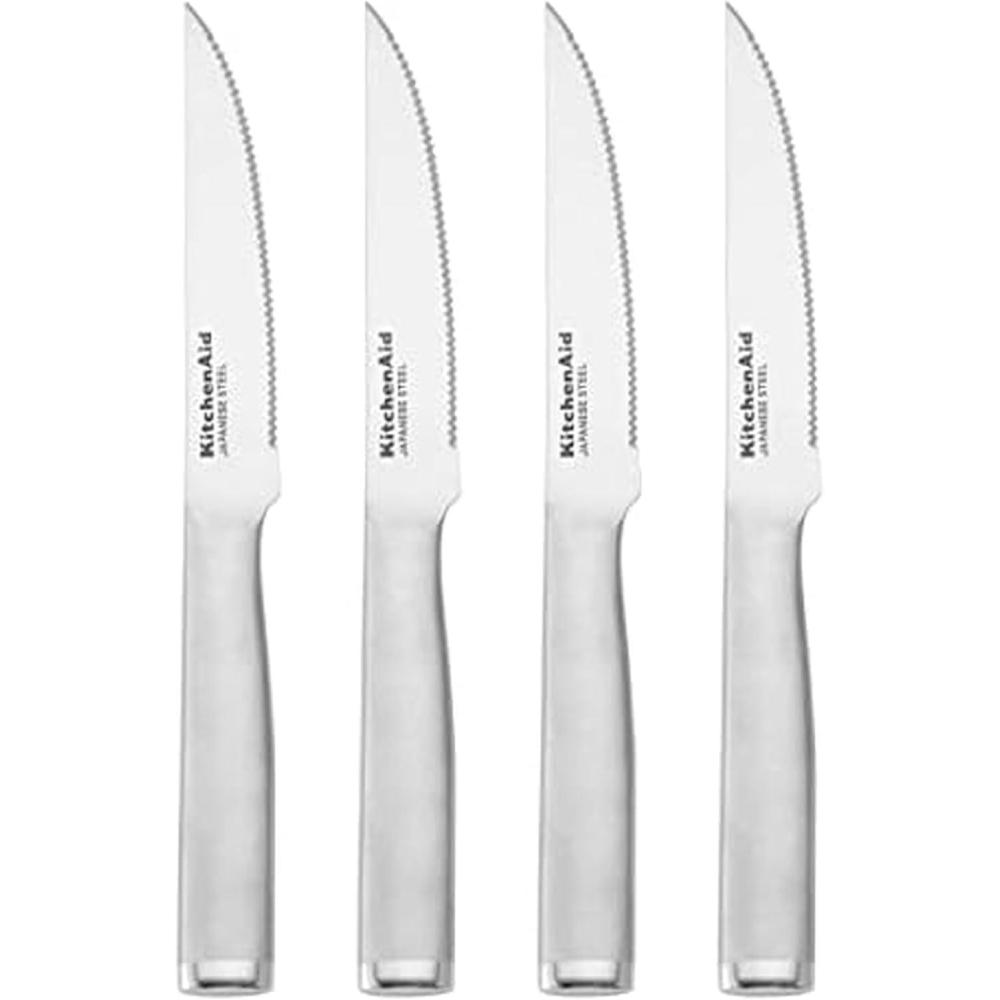 imageKitchenAid Gourmet Forged Stainless Steel Serrated Utility Knife with CustomFit Blade Cover 55inch Sharp Kitchen Knife Brushed Stainless Steel Handle4Piece Steak Knife Set