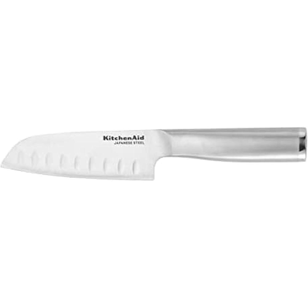 imageKitchenAid Gourmet Forged Stainless Steel Serrated Utility Knife with CustomFit Blade Cover 55inch Sharp Kitchen Knife Brushed Stainless Steel Handle5Inch Santoku Knife