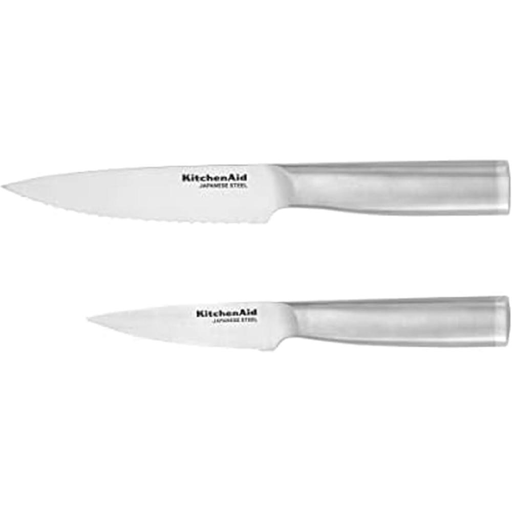 imageKitchenAid Gourmet Forged Stainless Steel Serrated Utility Knife with CustomFit Blade Cover 55inch Sharp Kitchen Knife Brushed Stainless Steel HandleUtility and Paring Knife Set Set