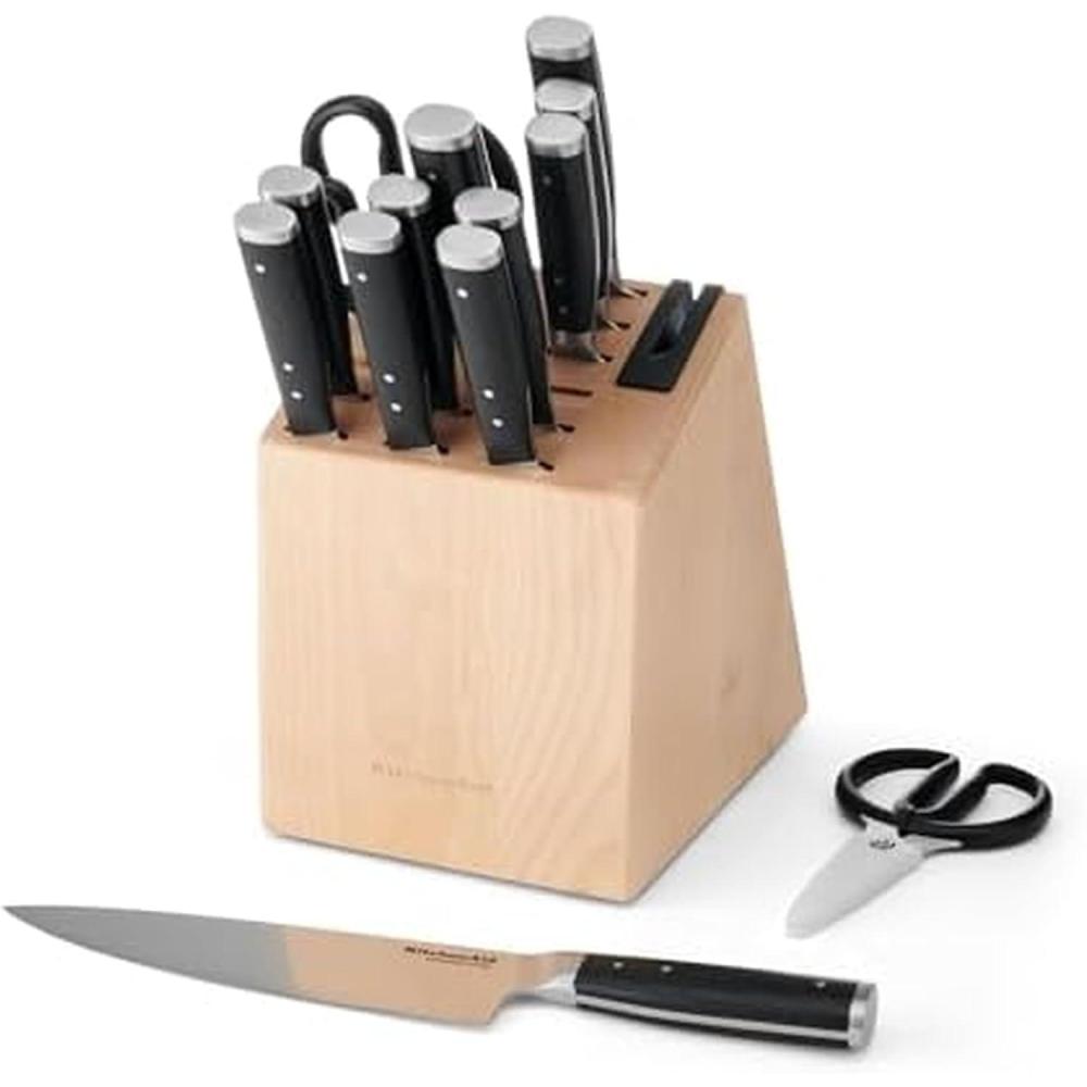 imageKitchenAid Gourmet Forged Triple Rivet Knife Block Set with Builtin Knife Sharpener High Carbon Japanese Stainless Steel Kitchen Knives Sharp Kitchen Knife Set with Block Birchwood 14PieceBirchwood