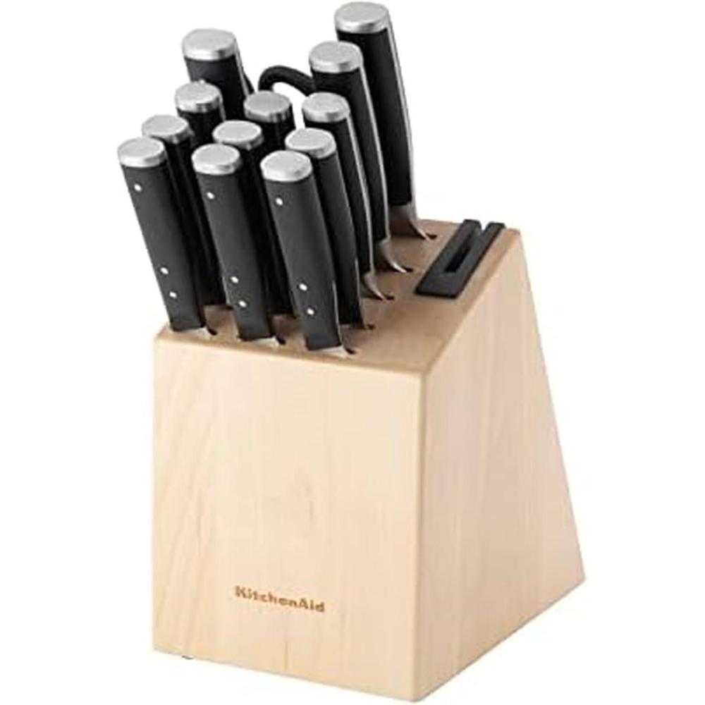 imageKitchenAid Gourmet Forged Triple Rivet Knife Block Set with Builtin Knife Sharpener High Carbon Japanese Stainless Steel Kitchen Knives Sharp Kitchen Knife Set with Block Birchwood 14PieceBlack