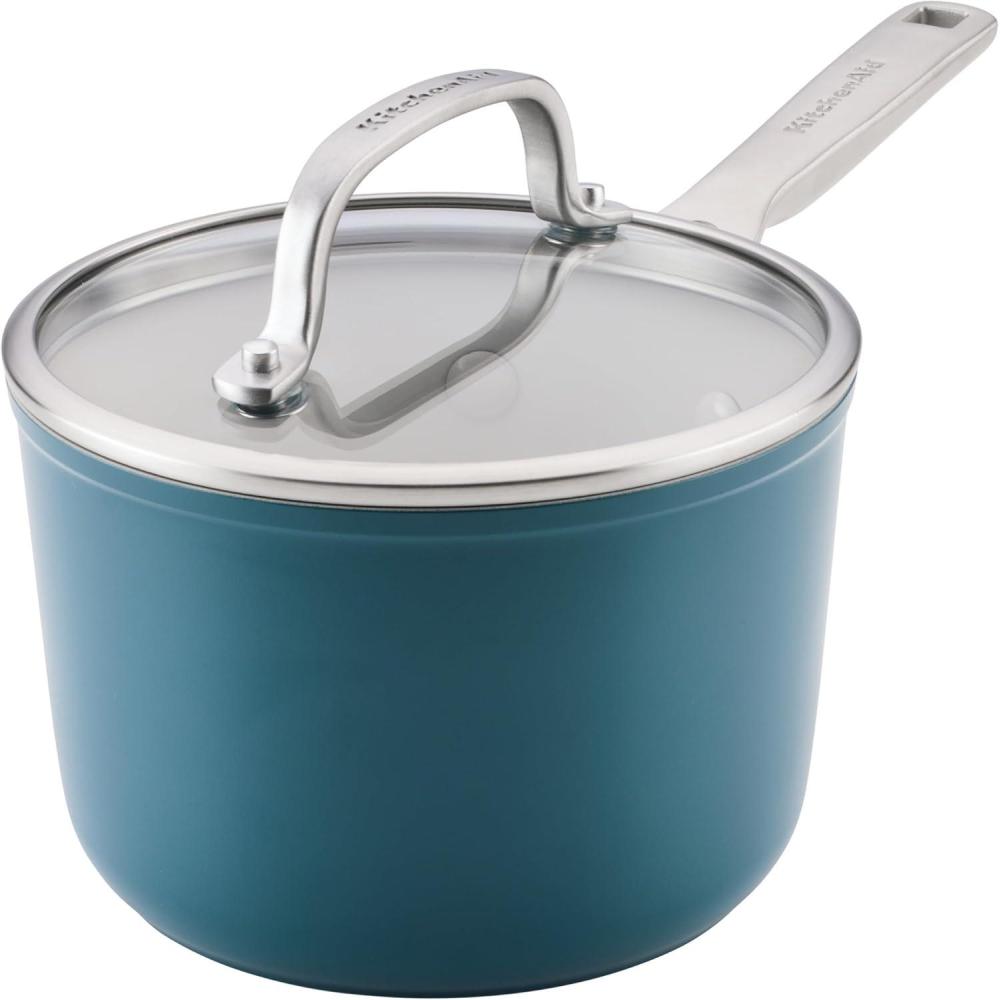 imageKitchenAid Hard Anodized Ceramic Induction Nonstick Cookware Saucepan with Lid Dishwasher Safe 2 Quart Non Stick Sauce Pan with Stainless Steel Handle Agave BlueAgave