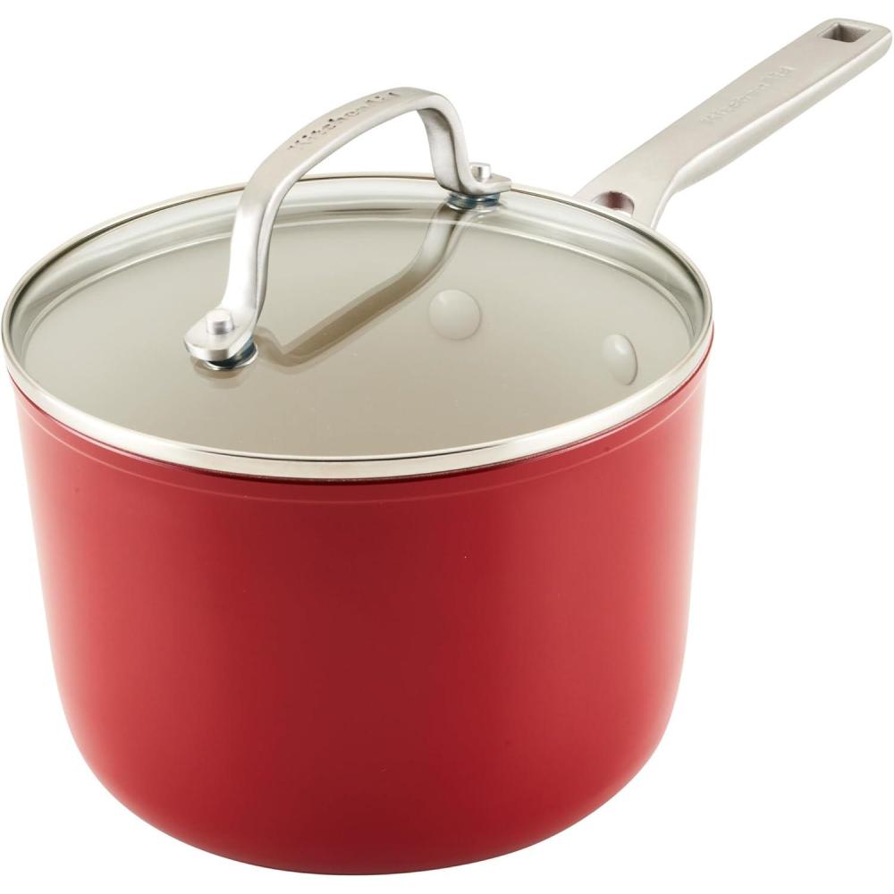 imageKitchenAid Hard Anodized Ceramic Nonstick Cookware Sauce Pan with Lid 3 Quart Empire Red