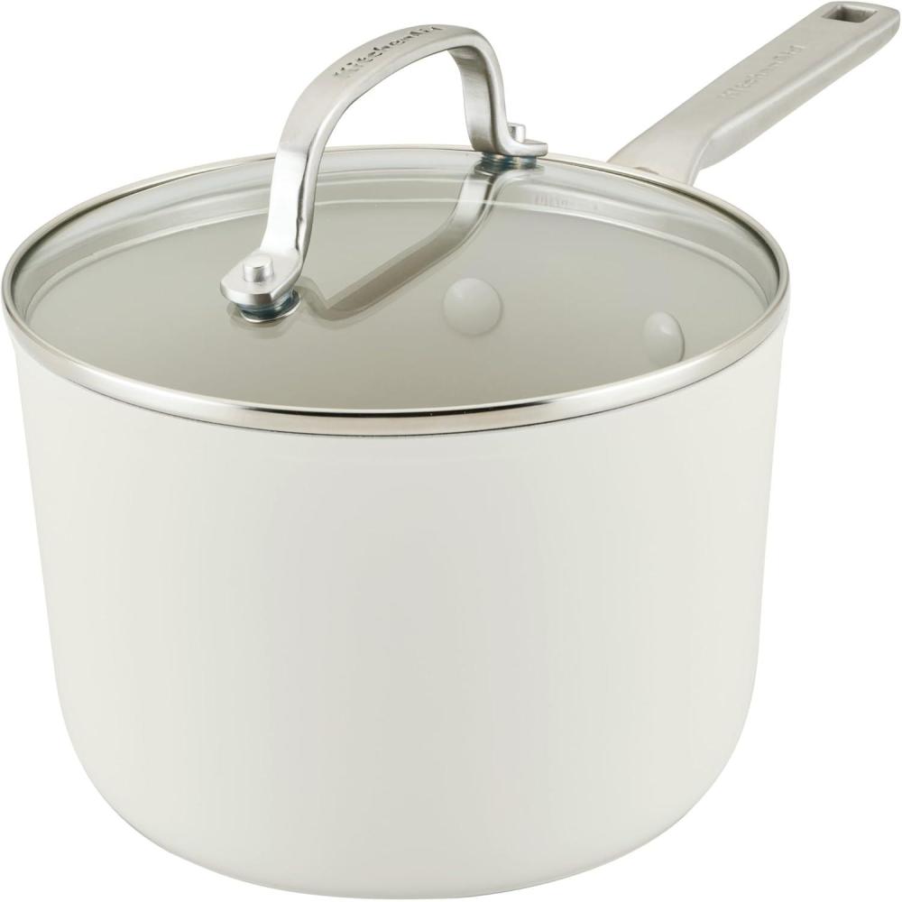 imageKitchenAid Hard Anodized Ceramic Nonstick Cookware Saucepan with Lid 3 Quart Non Stick Sauce Pan with Stainless Steel Handle Porcelain White