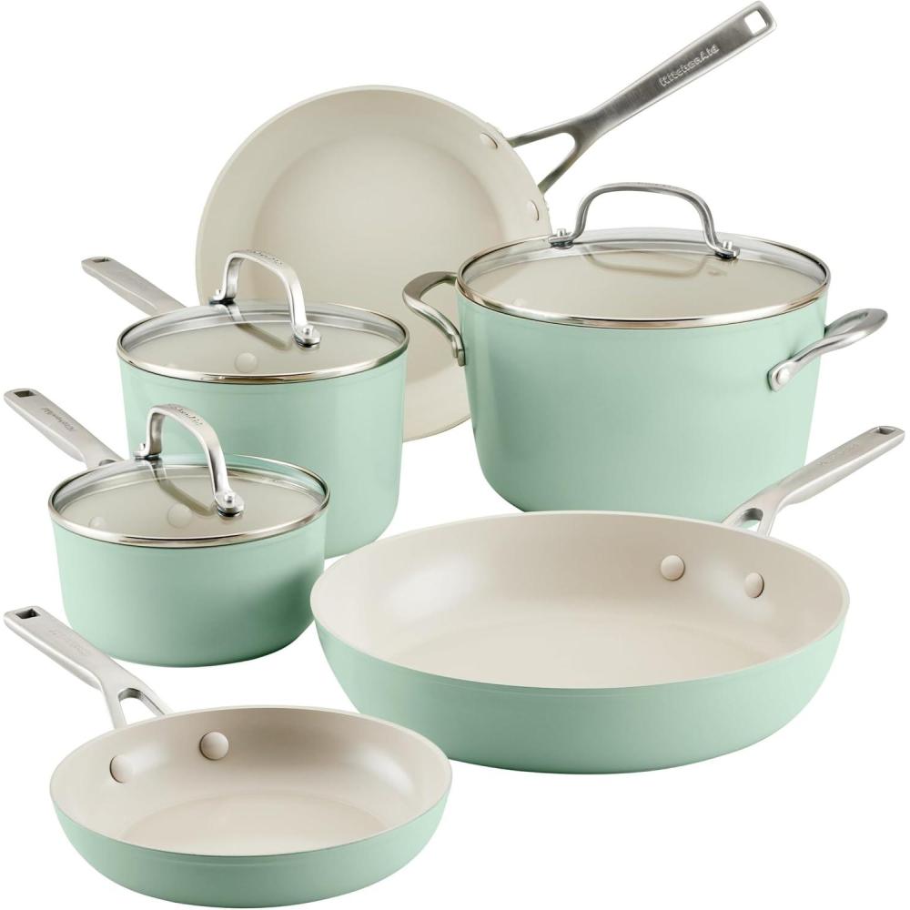 imageKitchenAid Hard Anodized Ceramic Nonstick Pots and Pans Set with Saucepans Frying Pans Stockpot and Lids 10 Piece Non Stick Cookware Set with Stainless Steel Handles  Porcelain WhitePistachio Green