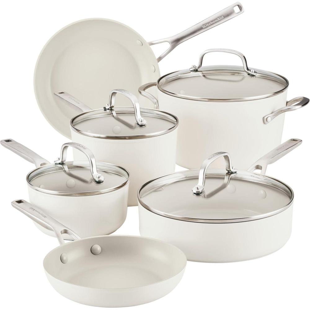 imageKitchenAid Hard Anodized Ceramic Nonstick Pots and Pans Set with Saucepans Frying Pans Stockpot and Lids 10 Piece Non Stick Cookware Set with Stainless Steel Handles Porcelain WhitePorcelain White