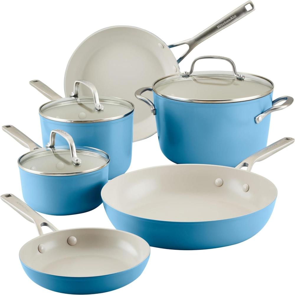 imageKitchenAid Hard Anodized Ceramic Nonstick Pots and Pans Set with Saucepans Frying Pans Stockpot and Lids 10 Piece Non Stick Cookware Set with Stainless Steel Handles  Porcelain WhiteBlue Velvet