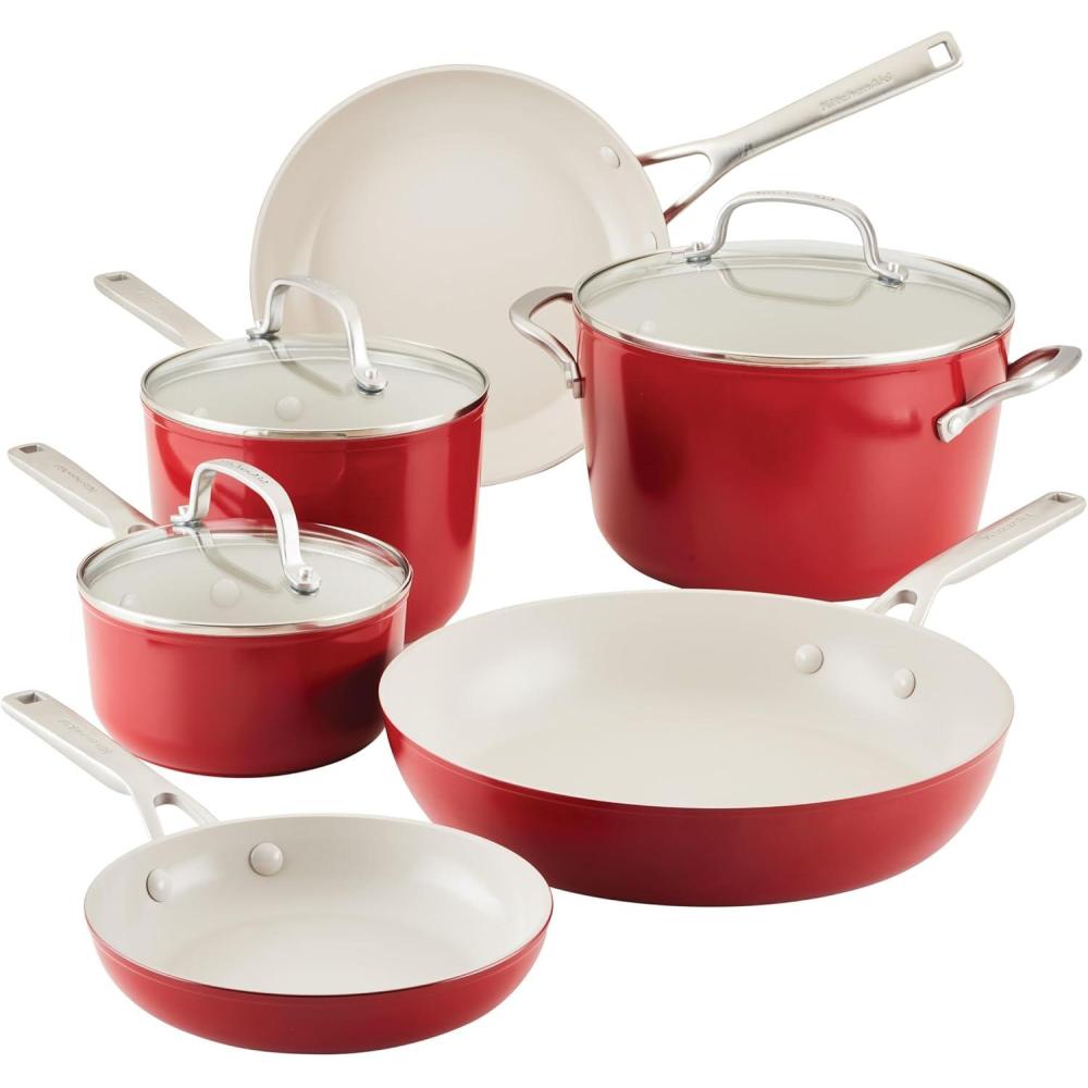 imageKitchenAid Hard Anodized Ceramic Nonstick Pots and Pans Set with Saucepans Frying Pans Stockpot and Lids 10 Piece Non Stick Cookware Set with Stainless Steel Handles  Porcelain WhiteEmpire Red