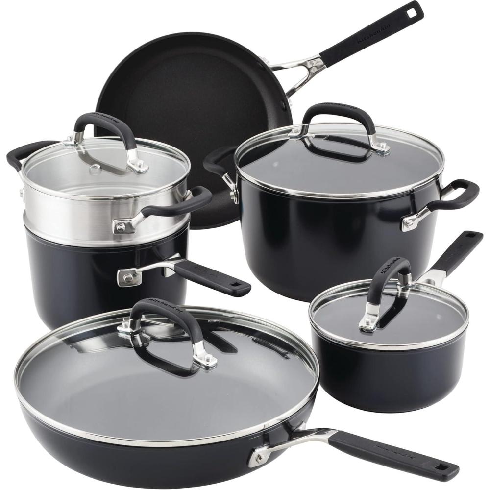 imageKitchenAid Hard Anodized Nonstick CookwarePots and Pans Set 10 Piece  Matte BlackCookware Set 10 Piece