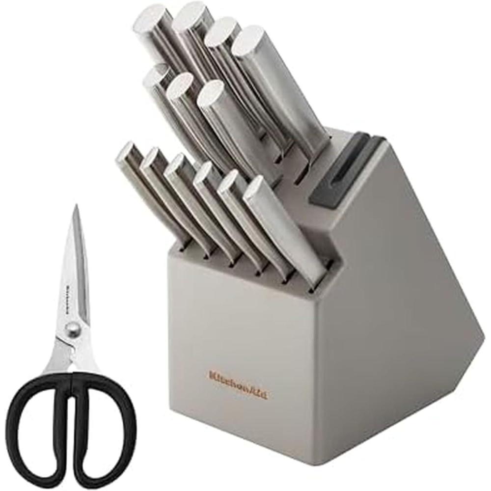 imageKitchenAid Slim TwoTone Knife Block Set with BuiltIn Knife Sharpener High Carbon Stainless Steel Kitchen Knives Sharp Kitchen Knife Set with Block 14Piece WhiteStainless Steel