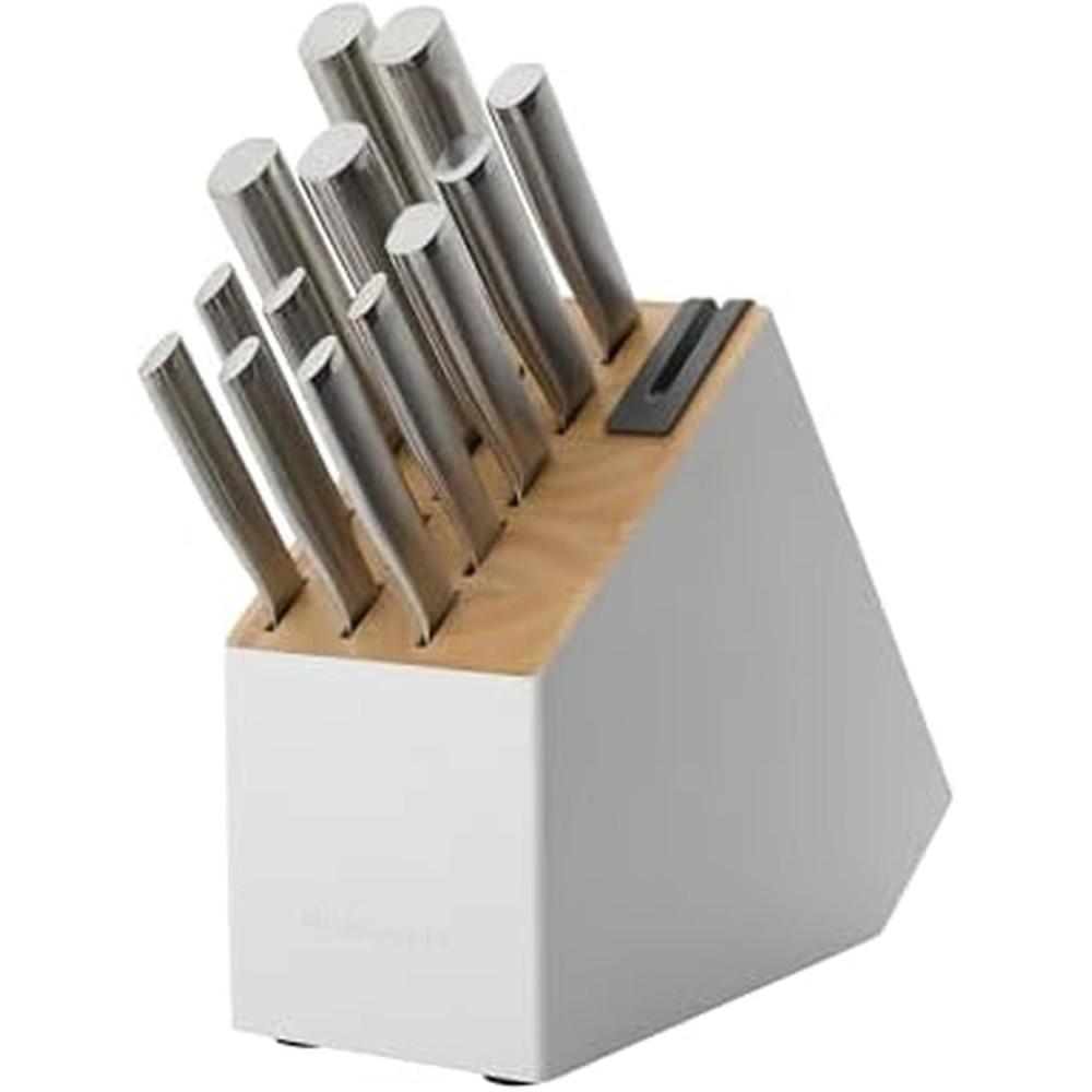 imageKitchenAid Slim TwoTone Knife Block Set with BuiltIn Knife Sharpener High Carbon Stainless Steel Kitchen Knives Sharp Kitchen Knife Set with Block 14Piece WhiteWhite