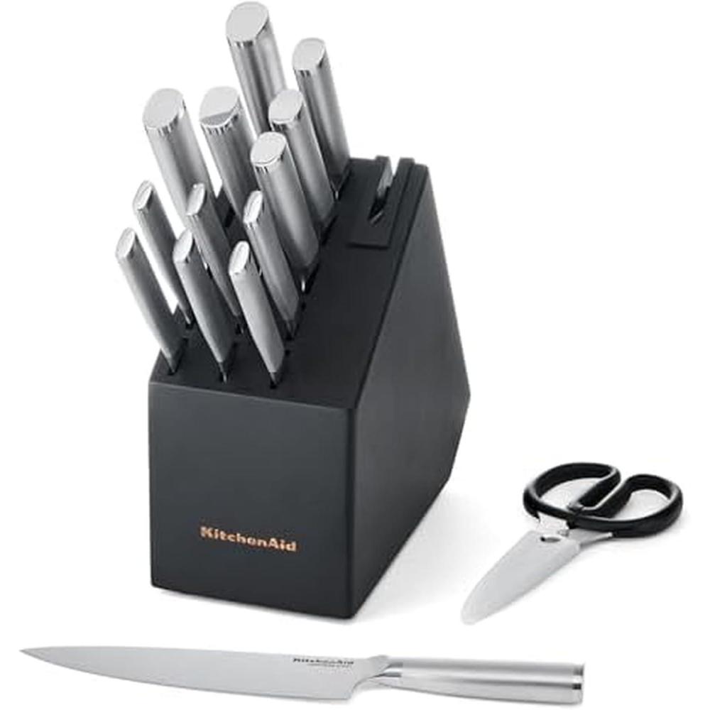 imageKitchenAid Slim TwoTone Knife Block Set with BuiltIn Knife Sharpener High Carbon Stainless Steel Kitchen Knives Sharp Kitchen Knife Set with Block 14Piece WhiteBlack
