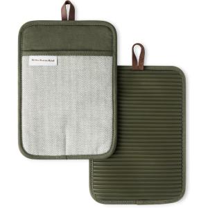 KITCHENAID® Evergreen Design Series Herringbone Ribbed Soft Silicone Pot Holders 2-Pack Set, Heat Resistant up to 500°F, Flexible & Waterproof, Deep Forest Green, 7″x10″