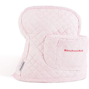 KITCHENAID Fitted Tilt-Head Stand Mixer Cover with Storage Pocket, Quilted 100% Cotton,14.4″x18″x10″, Milkshake(Ticking Stripe Hibiscus Pink)