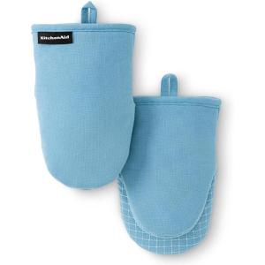 KITCHENAID Gourmet Series Gridlines Mini Oven Mitts 2-Pack Set, Heat Resistant up to 600°F, Soft Silicone Grip, Magnetic Cuff, Dried Rose, 5.5″x9″(Blue Velvet)