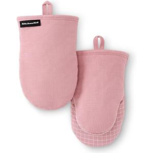 KITCHENAID Gourmet Series Gridlines Mini Oven Mitts 2-Pack Set, Heat Resistant up to 600°F, Soft Silicone Grip, Magnetic Cuff, Dried Rose, 5.5″x9″(Dried Rose)