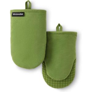 KITCHENAID Gourmet Series Gridlines Mini Oven Mitts 2-Pack Set, Heat Resistant up to 600°F, Soft Silicone Grip, Magnetic Cuff, Dried Rose, 5.5″x9″(Matcha Green)