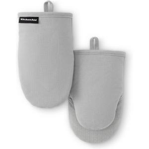 KITCHENAID Gourmet Series Gridlines Mini Oven Mitts 2-Pack Set, Heat Resistant up to 600°F, Soft Silicone Grip, Magnetic Cuff, Dried Rose, 5.5″x9″(Matte Grey)