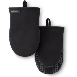 KITCHENAID Gourmet Series Gridlines Mini Oven Mitts 2-Pack Set, Heat Resistant up to 600°F, Soft Silicone Grip, Magnetic Cuff, Dried Rose, 5.5″x9″(Matte Black)