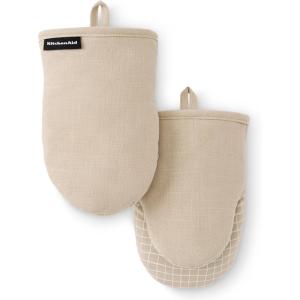 KITCHENAID Gourmet Series Gridlines Mini Oven Mitts 2-Pack Set, Heat Resistant up to 600°F, Soft Silicone Grip, Magnetic Cuff, Dried Rose, 5.5″x9″(Milkshake Tan)