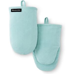 KITCHENAID Gourmet Series Gridlines Mini Oven Mitts 2-Pack Set, Heat Resistant up to 600°F, Soft Silicone Grip, Magnetic Cuff, Dried Rose, 5.5″x9″(Mineral Water Aqua)