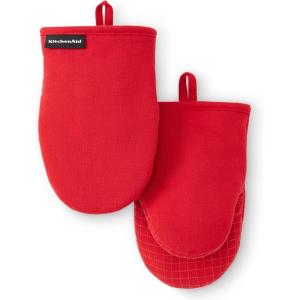 KITCHENAID Gourmet Series Gridlines Mini Oven Mitts 2-Pack Set, Heat Resistant up to 600°F, Soft Silicone Grip, Magnetic Cuff, Dried Rose, 5.5″x9″(Passion Red)