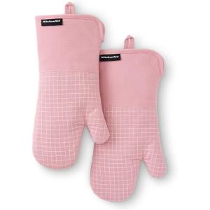KITCHENAID Gourmet Series Gridlines Oven Mitts 2-Pack Set, Heat Resistant up to 600°F, Soft Silicone Grip, Magnetic Cuff, Dried Rose, 7″x14″(Dried Rose)