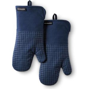 KITCHENAID Gourmet Series Gridlines Oven Mitts 2-Pack Set, Heat Resistant up to 600°F, Soft Silicone Grip, Magnetic Cuff, Dried Rose, 7″x14″(Ink Blue)