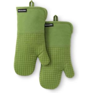 KITCHENAID Gourmet Series Gridlines Oven Mitts 2-Pack Set, Heat Resistant up to 600°F, Soft Silicone Grip, Magnetic Cuff, Dried Rose, 7″x14″(Matcha Green)