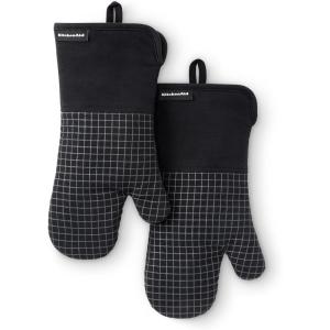 KITCHENAID Gourmet Series Gridlines Oven Mitts 2-Pack Set, Heat Resistant up to 600°F, Soft Silicone Grip, Magnetic Cuff, Dried Rose, 7″x14″(Matte Black)