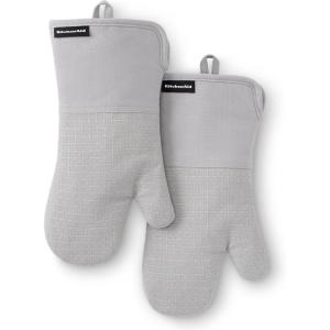KITCHENAID Gourmet Series Gridlines Oven Mitts 2-Pack Set, Heat Resistant up to 600°F, Soft Silicone Grip, Magnetic Cuff, Dried Rose, 7″x14″(Matte Grey)