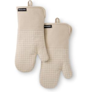KITCHENAID Gourmet Series Gridlines Oven Mitts 2-Pack Set, Heat Resistant up to 600°F, Soft Silicone Grip, Magnetic Cuff, Dried Rose, 7″x14″(Milkshake Tan)