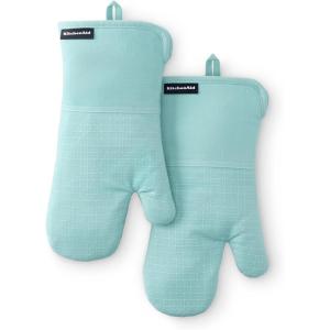 KITCHENAID Gourmet Series Gridlines Oven Mitts 2-Pack Set, Heat Resistant up to 600°F, Soft Silicone Grip, Magnetic Cuff, Dried Rose, 7″x14″(Mineral Water Aqua)