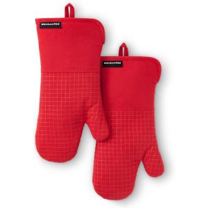 KITCHENAID Gourmet Series Gridlines Oven Mitts 2-Pack Set, Heat Resistant up to 600°F, Soft Silicone Grip, Magnetic Cuff, Dried Rose, 7″x14″(Passion Red)