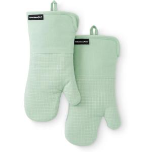 KITCHENAID Gourmet Series Gridlines Oven Mitts 2-Pack Set, Heat Resistant up to 600°F, Soft Silicone Grip, Magnetic Cuff, Dried Rose, 7″x14″(Pistachio Green)