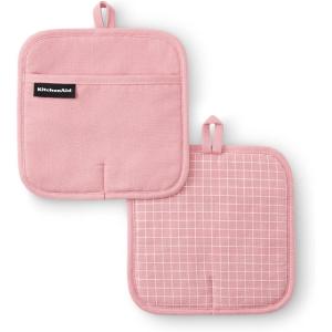 KITCHENAID Gourmet Series Gridlines Pot Holders 2-Pack Set, Heat Resistant up to 600°F, Soft Silicone Grip, Magnetic Cuff, Dried Rose, 8″x8″(Dried Rose)
