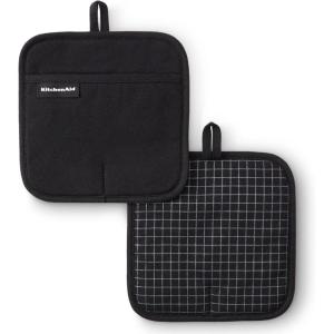 KITCHENAID Gourmet Series Gridlines Pot Holders 2-Pack Set, Heat Resistant up to 600°F, Soft Silicone Grip, Magnetic Cuff, Dried Rose, 8″x8″(Matte Black)