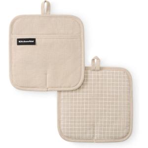 KITCHENAID Gourmet Series Gridlines Pot Holders 2-Pack Set, Heat Resistant up to 600°F, Soft Silicone Grip, Magnetic Cuff, Dried Rose, 8″x8″(Milkshake Tan)
