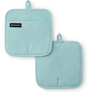 KITCHENAID Gourmet Series Gridlines Pot Holders 2-Pack Set, Heat Resistant up to 600°F, Soft Silicone Grip, Magnetic Cuff, Dried Rose, 8″x8″(Mineral Water Aqua)
