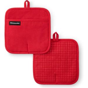 KITCHENAID Gourmet Series Gridlines Pot Holders 2-Pack Set, Heat Resistant up to 600°F, Soft Silicone Grip, Magnetic Cuff, Dried Rose, 8″x8″(Passion Red)