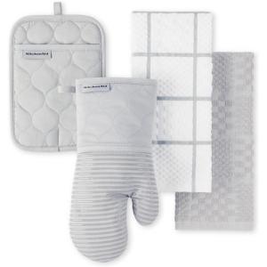 KITCHENAID Quilted Cotton Terry Cloth Oven Mitt, Pot Holder, Kitchen Towel 4-Pack Set, Heat Resistant, Silicone Grip, 16″x26″, 7″x13″ & 7″x10″, Aqua Sky(Matte Grey)